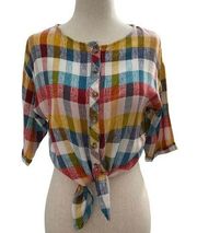 Lucky Brand Women Size Small Plaid Crop Top Tie Front Shirt 17-595