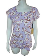 Halogen Purple Charlie Floral Faux Button Back Blouse Women XS Ruffle Sleeve NWT