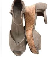 Toms Cork Wedge Suede Sandal Sz. W9 Taupe Ankle Strap Summer Casual Preppy