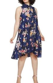 Mlle Gabrielle Blue Floral Button Front High Low Swing Dress Size L