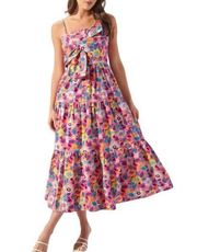 Sugarlips Pink/Multicolor Floral Poplin Tie Chest Sleeveless Tiered Midi Dress