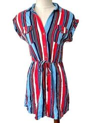 Urban Girl red blue black and white stripe button down short sleeve dress