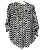 Lush Boho Blouse Top Black White Split Neck Long Roll Tab Sleeves Size L