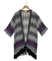 Umgee Kimono Womens Open Front Fringe Embroidery Half Sleeve Aztec Black M/L