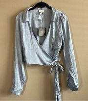 ✨ Le Lis Women’s Blue Silk Satin Polka Dot Wrap Top Medium NWT