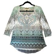 One World Teal Embellished Print Round Neck & Hem line 3/4 Sleeve Pullover Top L