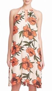 1. State • Halter Neck Trapeze dress coral peach pink floral rayon a-line mini