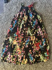 Size 6 Sleeveless Black Floral Halter Neck Trapeze Mini Dress