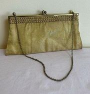Vintage 90s Framed Gold Clutch Bag Kiss Clasp Closure Chain Shoulder Strap Beade