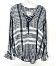 Women’s Lilly Sapphire Blue & White Plaid Lace Up Blouse Small S Relaxed