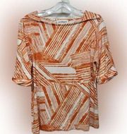 Peck & Peck Women's Orange & White Boat Neck Short Sleeve Stretch Blouse Shirt L