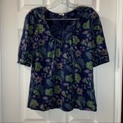 Fossil Navy/Green Floral Print Scoop Neck Blouse Medium