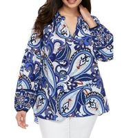 Crown & Ivy Paisley Long Sleeve Split Neck Blouse XXL NWT Blue White Peasant Top