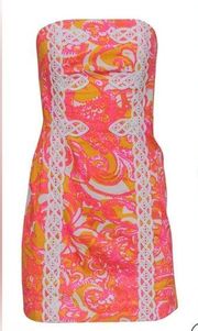 Lilly Pulitzer Orange & Pink Tansy Strapless Dress with White Embroidery