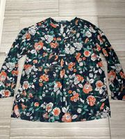 Navy Floral Long Sleeve V Neck Sheer Blouse- Size Medium