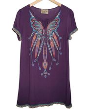 DeJa Vu Purple Bohemian Dress Purple Butterfly Feathers Medium Fairycore