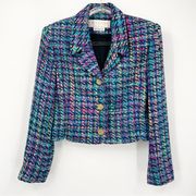 Vintage 80s Doncaster Silk Multicolored Crop Blazer Size 6 Statement Gold Button
