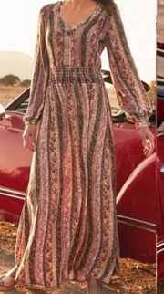 Soft Surroundings Esperanza Boho Print Maxi Dress VNeck Long Sleeve Pink S P