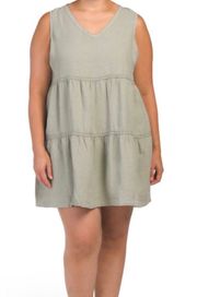 Plus Size Linen Sleeveless V-neck Tiered Crochet Trim Mini Dress 1X