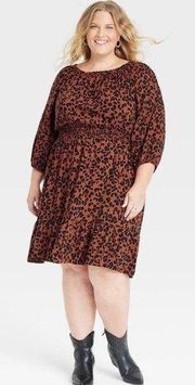 Women's Long Sleeve A-Line Dress - Knox Rose Dark Brown Leopard Print XXL