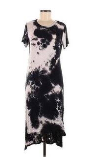 Caution To The Wind Black Tie Dye Casual MIDI T-Shirt Dress Large