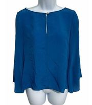 Trina Turk Keyhole Flowy Silk Blouse Blue Small