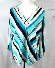 Beautiful aqua & turquoise long split sleeve cross front faux wrap top size XXL