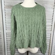 PINK LILY Cropped Nubby Crewneck Sweater Sage Green-Small