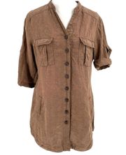 100% Linen Button Front Tunic Blouse Safari Brown size Small