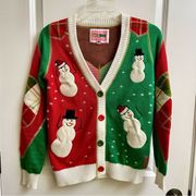 Tipsy Elves Dancing Snowmen Green and Red Button Up Cardigan Women’s Size S