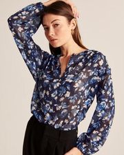 Abercrombie & Fitch  Long-Sleeve Sheer Plunge Top Blue Floral Blouse Size Small