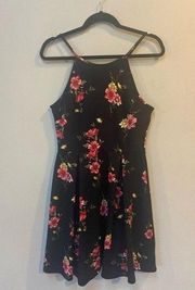 Soprano Woman's Black Pink Floral Halter Fit To Flare Sleeveless Mini Dress M