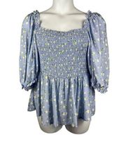 Eloquii Blue White Floral Smocked Bust Puff 3/4 Sleeve Peplum Top 22