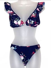 Cupshe Floral Ruffle Two Piece Bikini Navy Blue Pink Red White Small