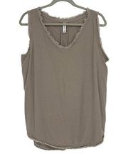 Zenana Tan Linen Blend Frayed Trim Tank Top V Neck Sleeveless Size M