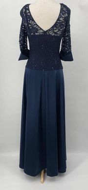 JS Collections Gown Sequin Floral Lace Bodice Low Back 3/4 Sleeve Satin Blue 8