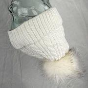 Altar'd State Womens Winter Faux Fur Bobble Beanie Ivory Cable Knit Fleece Lined