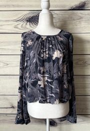 Melrose & Market Blue Floral Patterned Long Bell Sleeve Crop Top