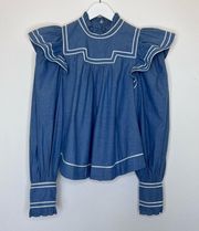 Ulla Johnson Ester denim pleated blouse Size 2 XS RARE
