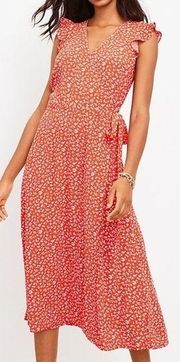 NWT LOFT Floral Ruffle Sleeve Wrap Midi Dress in Red & White, Size Large