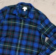 LL Bean Plaid Flannel Shirt Size 1X Relaxed Fit Cotton Blue Green Yellow Women's