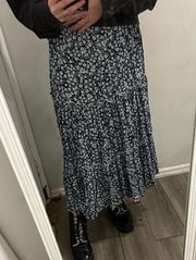 Floral Boho Tiered Navy Blue and White Printed Rayon Midi Skirt