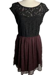 Dynamite Lace Chiffon Party Dress L Black Purple Lined Low Back Elastic Waist