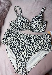 Kona Sol Cream Black Cheetah Leopard Animal Print Bikini Set Swimsuit Size XL