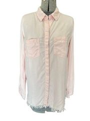 Beach Lunch Lounge Pink Button Down Frayed Fringe Hem Top