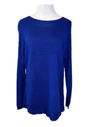 Lafayette 148 Women Blue Ribbed Crew. Neck Sweater Modal Wool Blend Size Small