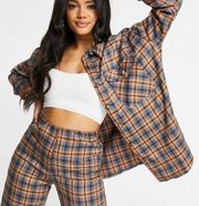 Plaid Flannel Oversized Button Front Long Sleeve Shirt Gray/Orange Small/Med NWT