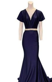 Jessica Angel 879 Short Sleeve Rhinestone Trimmed Gown Navy Blue Size XS NWT