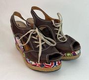Schuler & Sons Philadelphia Lace Up Peep Toe Leather Embroidered Wedges Size 9