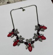 Signed T - Talbots Statement Bib Costume Necklace Brass Tone / Red Rhinestone